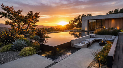 Fototapeta premium Modern Luxury Garden Terrace Featuring an Infinity Pool and Sunken Seating Area at Sunset