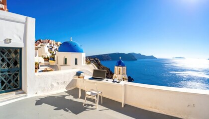 Obraz premium Santorini Remote Work Setup with Ocean View