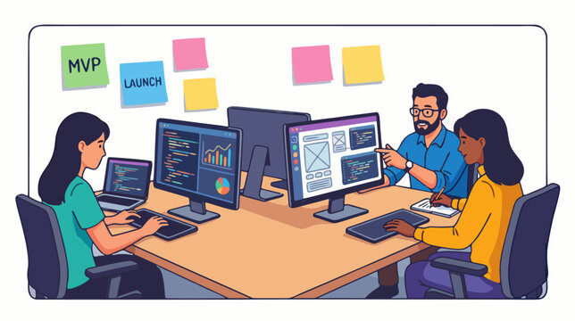 Diverse team of software developers working on project launch and coding interface in a collaborative office environment