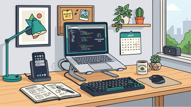 Pixel art illustration of a cozy developer workspace with laptop running code keyboard desk accessories developer workspace