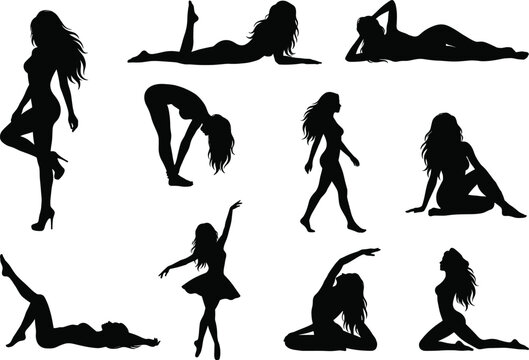 Vector silhouette set of graceful female models in various dynamic poses stretching dancing and relaxing