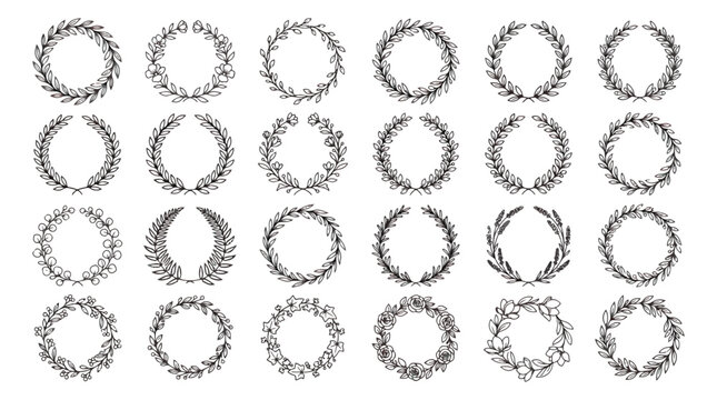 Hand drawn laurel wreath set of 24 vector icons, black ink botanical leaf frames, elegant floral border collection for wedding invitations
