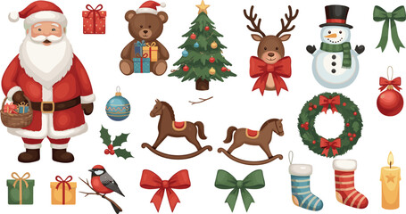 Large collection of Christmas holiday elements featuring Santa Claus with gifts reindeer snowman teddy bear decorated tree wreath rocking horse and festive winter ornaments. © Mst
