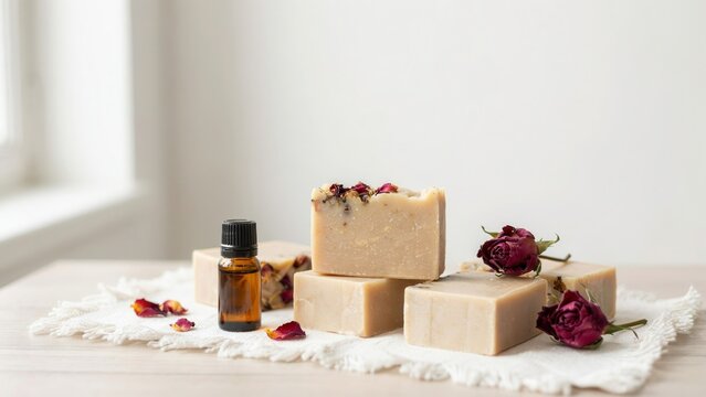 Natural handmade soap bar with dried rose flower and essential oil bottle