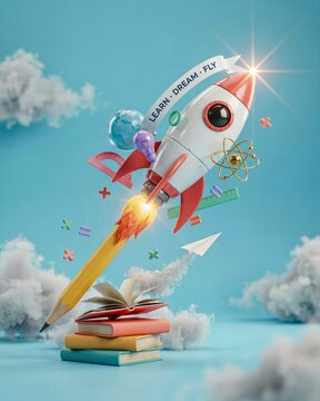 creative education concept with rocket pencil launch from books back to school learning illustration