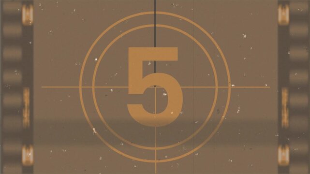Old film strip countdown 10 to 0 in brown color, defocused film look, flicker, grain and scratches effect, 4k video animated concept