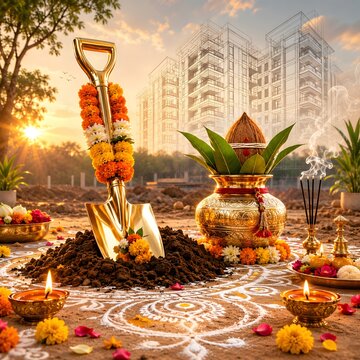 Auspicious Hindu ground breaking ceremony Bhoomi Pujan featuring a golden shovel, kalash, and incense at a construction site for a new building project.