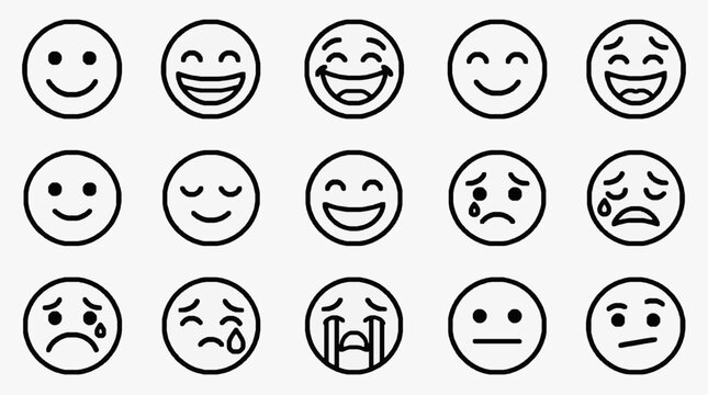 Elegant Set of Minimalist Black and White Emoticon Faces for UI Design Social Media and Emotion Representation