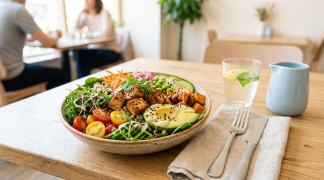Healthy and delicious buddha bowl with tofu, avocado, and fresh vegetables