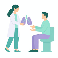 Fototapeta premium Vector illustration of a female doctor in a white lab coat presenting a purple human lung model to a seated male patient during a respiratory medical consultation or health checkup.