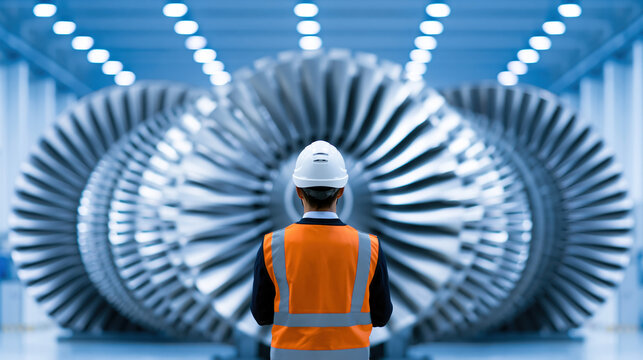 Industrial maintenance technician, rear view, turbine inspection in factory hall with orange safety vest and hard hat