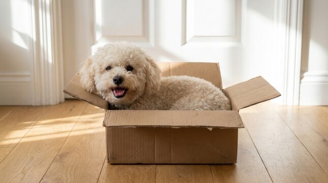 Adorable fluffy dog happily sitting inside a cardboard box on a wooden floor, looking at the camera.