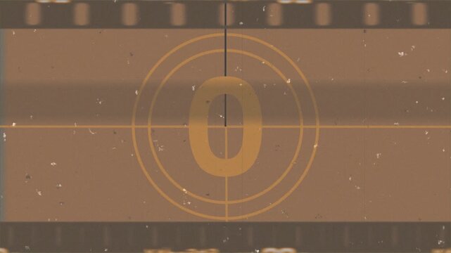 Vintage film leader countdown from 5 to 0 seconds, realistic vintage old movie countdown intro animation