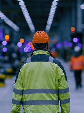 Industrial worker in reflective jacket and hard hat walking through factory corridor with blurred lights