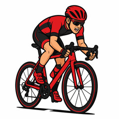 Naklejka premium Vector illustration of a professional male cyclist wearing a red and black kit, red helmet, and sunglasses, riding a red racing road bike in a dynamic sprint pose on a white background.