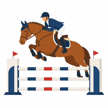 Vector graphic of a professional equestrian rider in a blue uniform jumping a brown horse over a red, white, and blue striped hurdle during a show jumping competition on white.