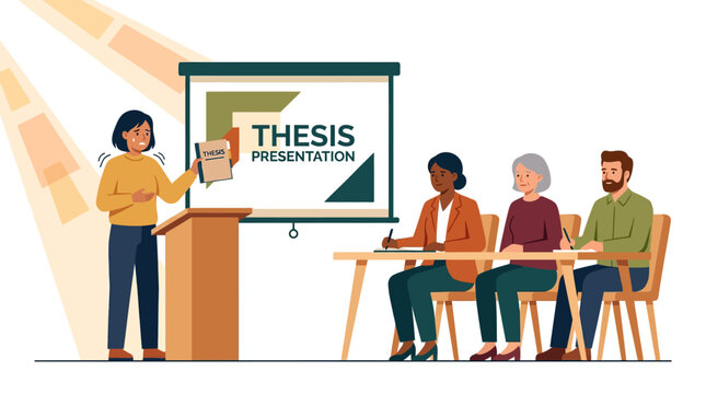 Nervous Woman Presenting Thesis to Diverse Academic Panel in Classroom