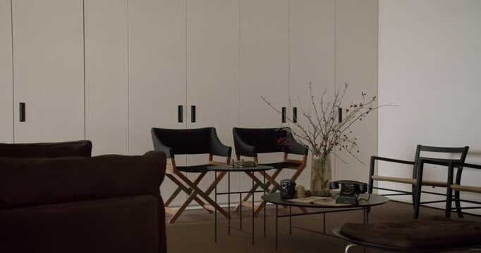 Minimalist and stylish living room interior with contemporary and vintage furniture, featuring a dark sofa, modern chairs, a vase with dry branches, and retro accessories on a coffee table