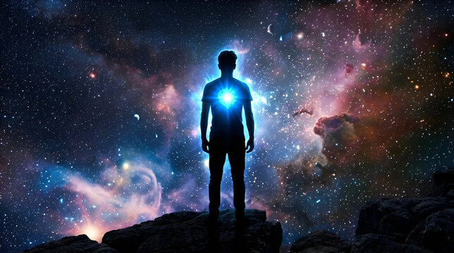 Human Silhouette with Glowing Heart Energy in Cosmic Universe