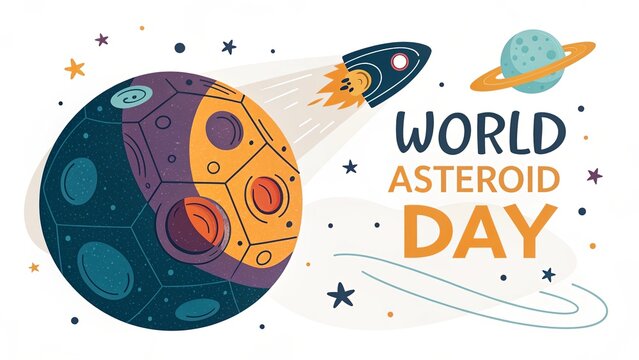 World Asteroid Day flat vector illustration with stylized asteroid rocket and saturn planet.
