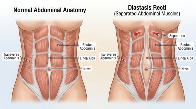 Medical diagram of normal abdomen and diastasis recti illustration