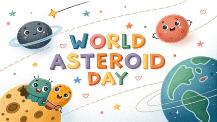 Fototapeta premium World Asteroid Day cute cartoon characters with smiling planets earth and saturn illustration. 