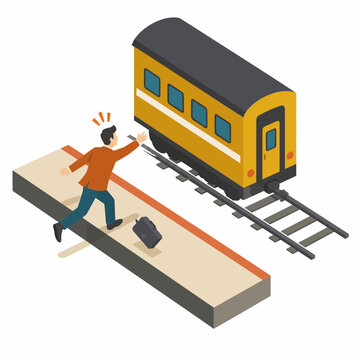 Isometric vector illustration of a man running on a railway platform chasing a departing yellow passenger train while dropping his black briefcase, representing a missed deadline or travel delay.