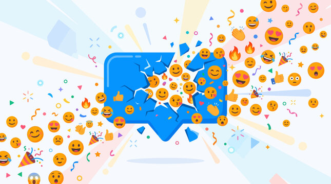 Exploding blue chat bubble releasing social media emojis and reactions vector concept