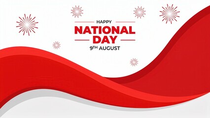 Singapore National Day banner with red wave and firework isolated on white background