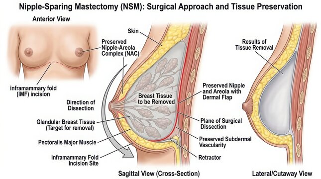 Medical illustration of nipple sparing mastectomy procedure illustration
