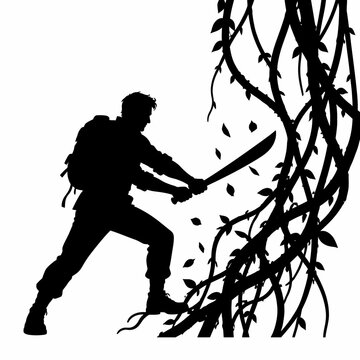 Silhouette of an explorer with a backpack using a machete to cut through thick jungle vines and tropical foliage, isolated on a white background for adventure concepts.
