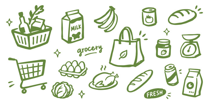 Grocery Shopping Doodle Set Vector Illustration