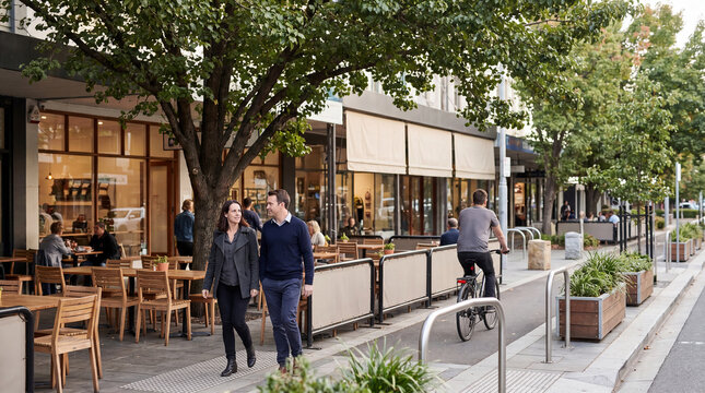 Walkable Mixed Use Main Street With Cafe Seating And Cycle Track