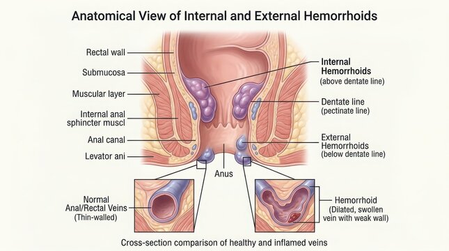 Anatomical diagram of internal and external hemorrhoids illustration
