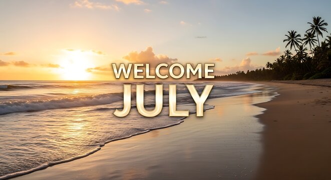 Golden sunset over serene lake with welcome July text overlay.