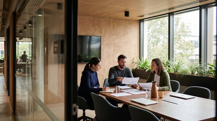 Fototapeta premium Biophilic Meeting Room With Timber Table Glass Walls And Daylight