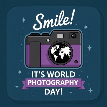 World Photography Day illustration with purple camera and world map on dark blue background
