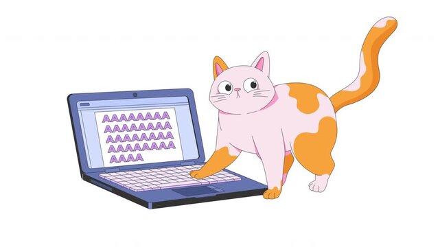 Funny cat accidentally typing on laptop 2D character animation. Humorous remote work. Cute feline pet stepping on keyboard to scream animated animal cartoon 4K video isolated on transparent background