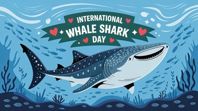 International Whale Shark Day illustration with smiling whale shark underwater
