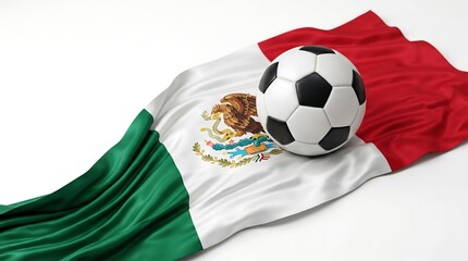 Fototapeta premium High angle studio shot of a soccer ball on the waving national flag of Mexico