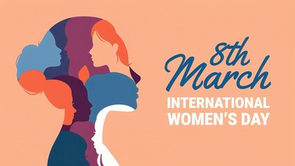 International Women's Day banner for 8th March with silhouettes of diverse women profiles