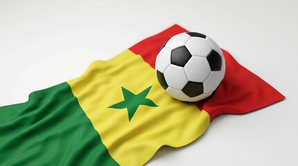 Naklejka premium Leather soccer ball on wavy national flag of Senegal over white background with bright lighting