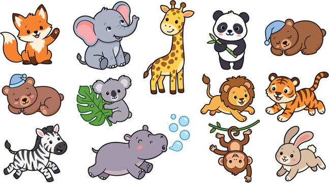 Cute cartoon baby animal vector character set featuring safari jungle and forest wildlife icons for children nursery graphic design