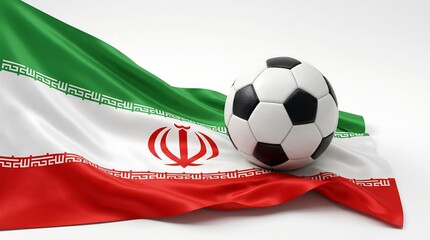 Naklejka premium Professional studio shot of soccer ball resting on draped national flag of Iran over white background