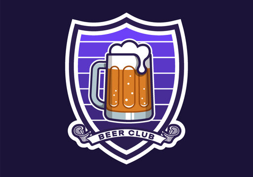 Vector emblem or sticker. Large glass mug with foam. Violet shield, ribbon and inscription. Beer club. Decal. Yeast alcoholic drink. Coaster. Malt and hops