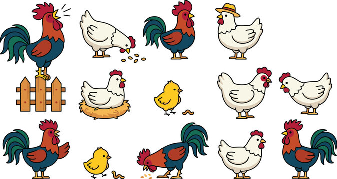 Cute cartoon chicken vector character set with farm roosters hens chicks pecking seeds nesting and crowing on fence