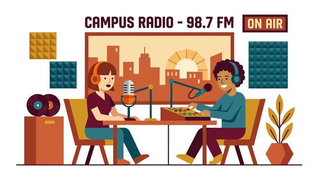 Campus Radio Station Studio with DJs, Microphones, and Cityscape Background
