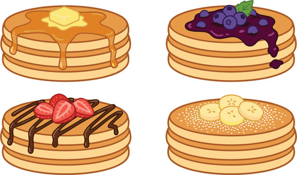 Pancake stack vector set featuring delicious breakfast stacks with butter syrup blueberries strawberries chocolate and sliced banana toppings