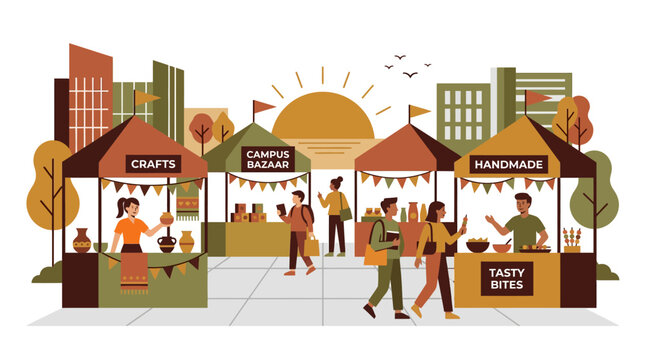 Outdoor Market Scene with Stalls, People, and Cityscape Illustration