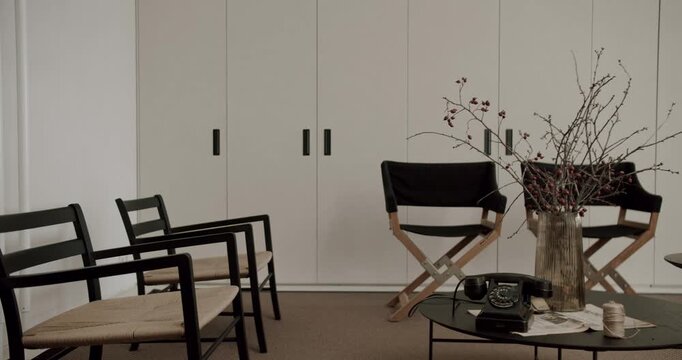 Modern and stylish living room interior featuring a blend of contemporary furniture and retro decor, including a classic rotary telephone, a vintage camera, and elegant chairs